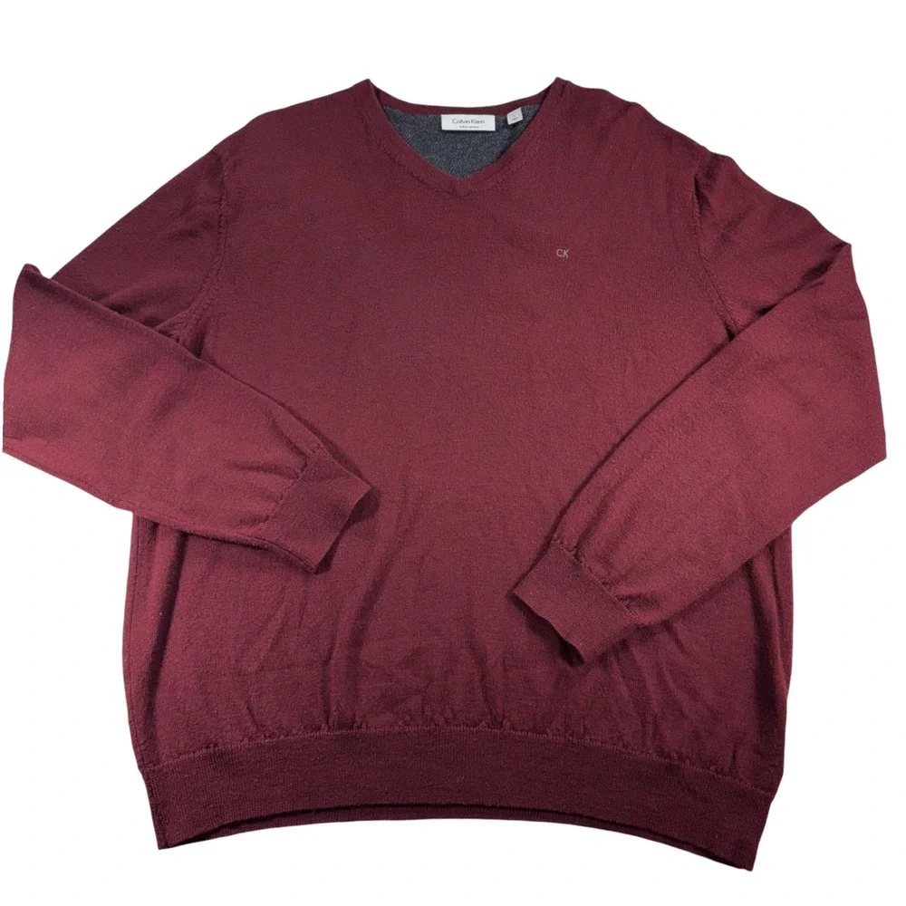 Calvin Klein Italian‎ Merino V Neck Sweater Men's Large Burgundy CK Knit
